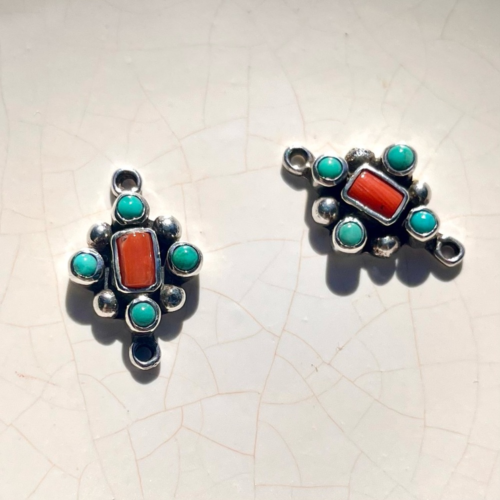 (2) Sterling Silver Turquoise & Coral Jewelry Connector Pieces Beads 925 Stones